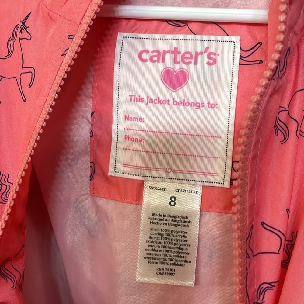 CARTERS UEC Girls Size 8 Unicorn Windbreaker Rain Jacket Pink Water Resistant - Picture 8 of 11